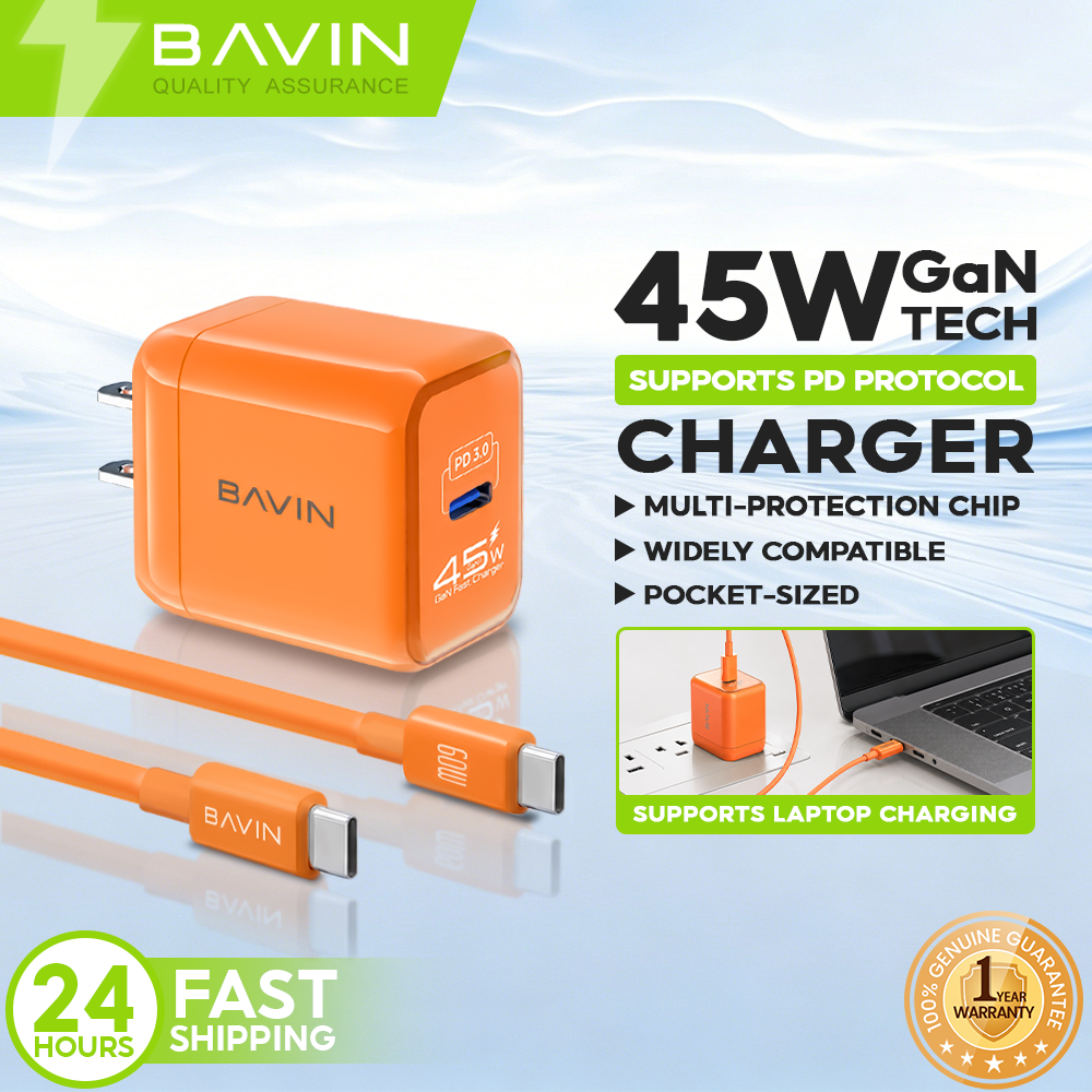 BAVIN PC2132 GaN 45W PD Mini USB-C Fast Charger Wall Adapter w/ Cable for iPhone 17 & Android Devices