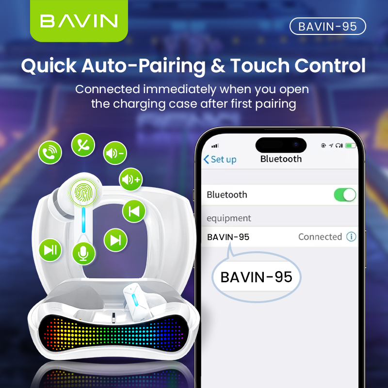 BAVIN HB-BA-95 Bluetooth 5.3 Gaming Earphones | HiFi Sound | ENC Noise Reduction | RGB Lights | 40H Battery Life
