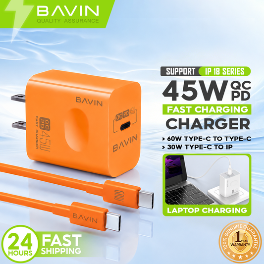 BAVIN PC800 45W PD Fast Charging Adapter Type-C Port Supports for iPhone 18 & Laptop w/ Date Cable