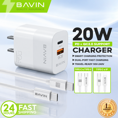 BAVIN PC963 20W PD Fast Charging AC Adapter w/ Dual Port Type-C & USB Port QC3.0 w/ 30W PD Cable