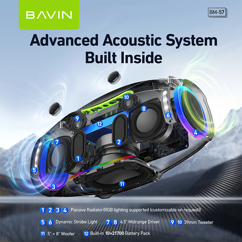 BAVIN BM57 450W Party Speaker 40000mAh Bluetooth 5.3 Speaker with 2 Wireless Microphones & LED Light