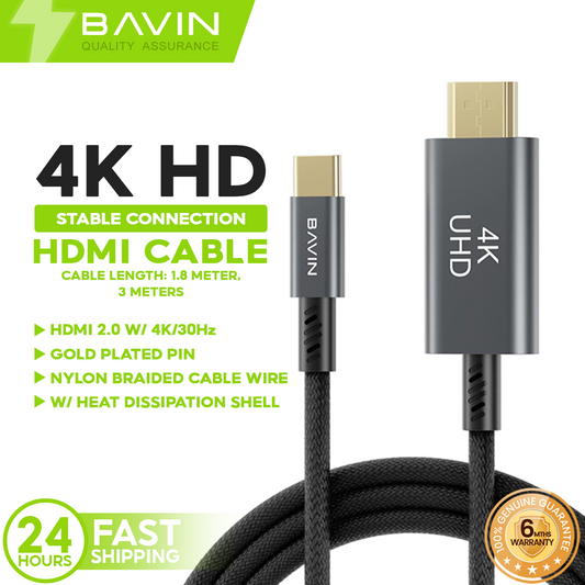 BAVIN HD26 4K High Speed USB-C to HDMI Adapter Cable Plug & Play for TV/Laptop/Tablet/Smartphones