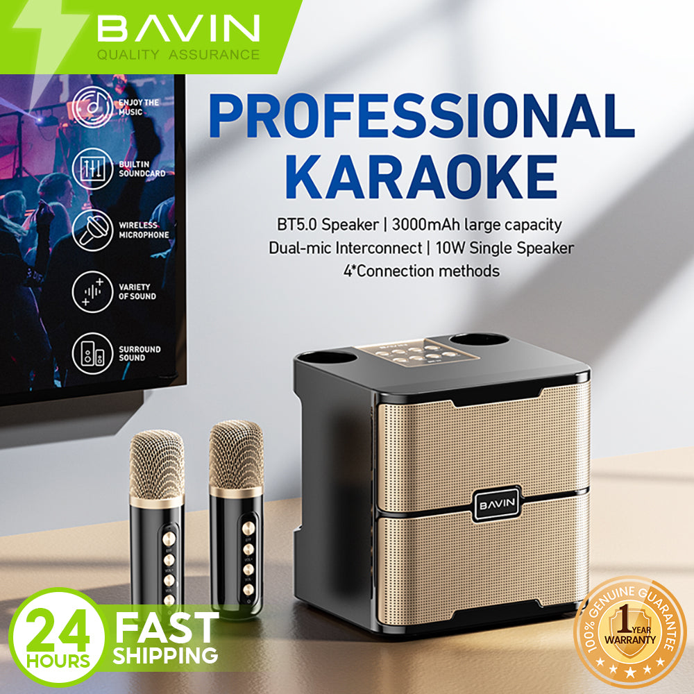 BAVIN DV-BM22 Mini Amplifier Karaoke Bluetooth 5.0 Wireless Speaker w/ Heavy Bass Sound & Dual Microphones