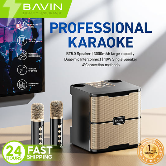BAVIN DV-BM22 Mini Amplifier Karaoke Bluetooth 5.0 Wireless Speaker w/ Heavy Bass Sound & Dual Microphones