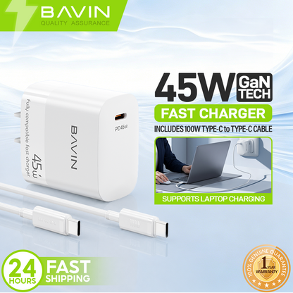 BAVIN PC2205 45W GaN PD USB-C Fast Charging Charger + 1M 100W Data Cable for Laptop, iPhone 17, Android
