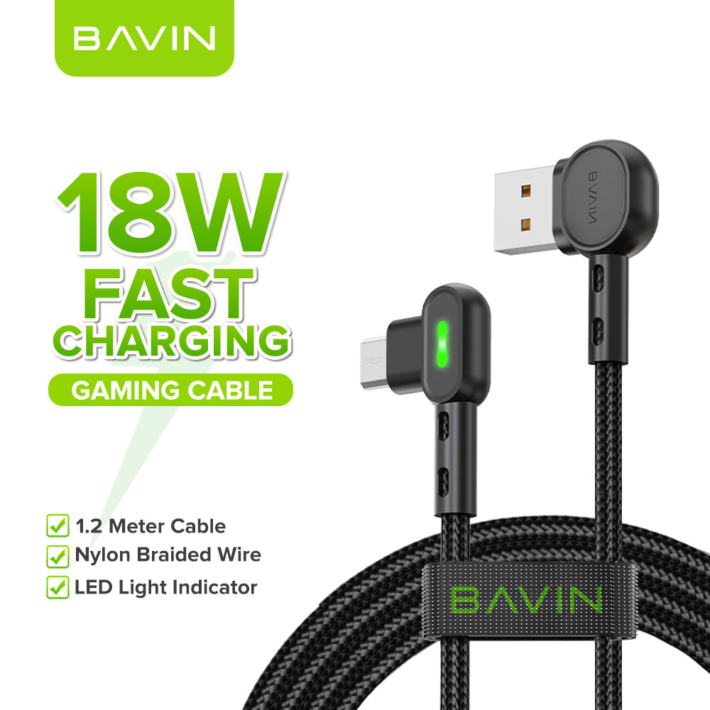 BAVIN U-CB258-XX 60W 12W Fast Charging LED Light Gaming Data Cable 90° Angle Nylon Braided Meters Micro