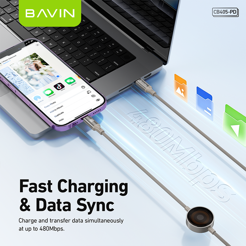 BAVIN CB405 60W 2-in-1 Magnetic Charging Cable Fast Charge & 1m Data Cable w/ 3W Smartwatch Magnetic Charger