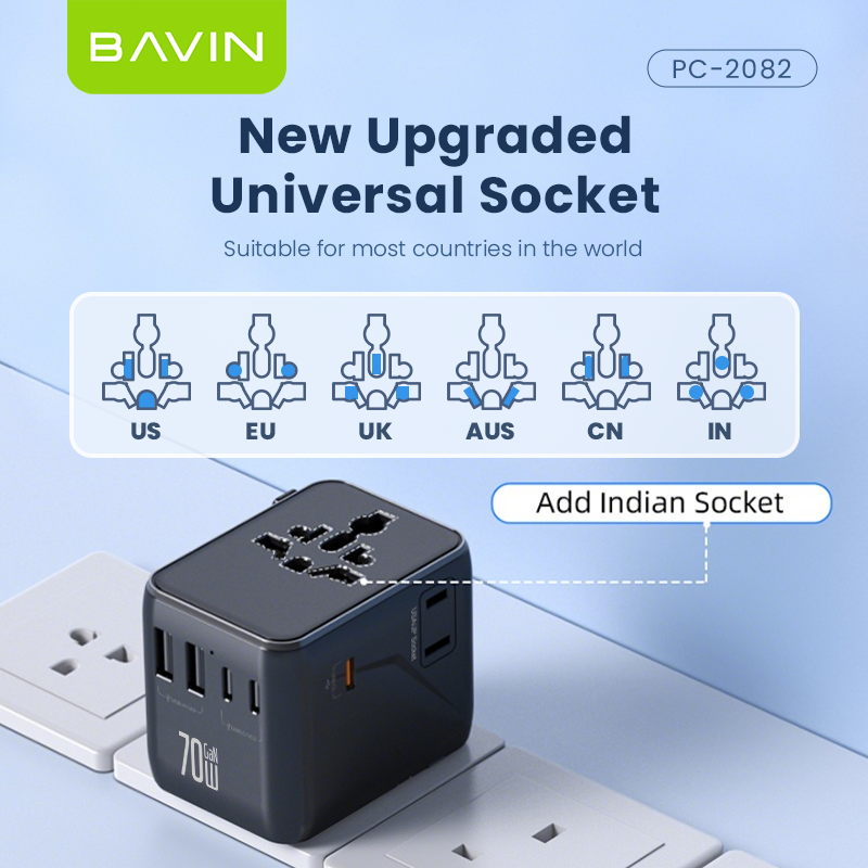 BAVIN PC2080 70W / 45W PD GaN Fast Charging Adapter & Multi-Port Universal Plug Charger for Laptop, Phones & Tablets
