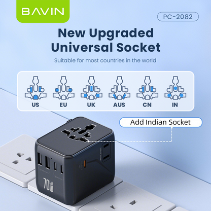 BAVIN PC2080 70W / 45W PD GaN Fast Charging Adapter & Multi-Port Universal Plug Charger for Laptop, Phones & Tablets