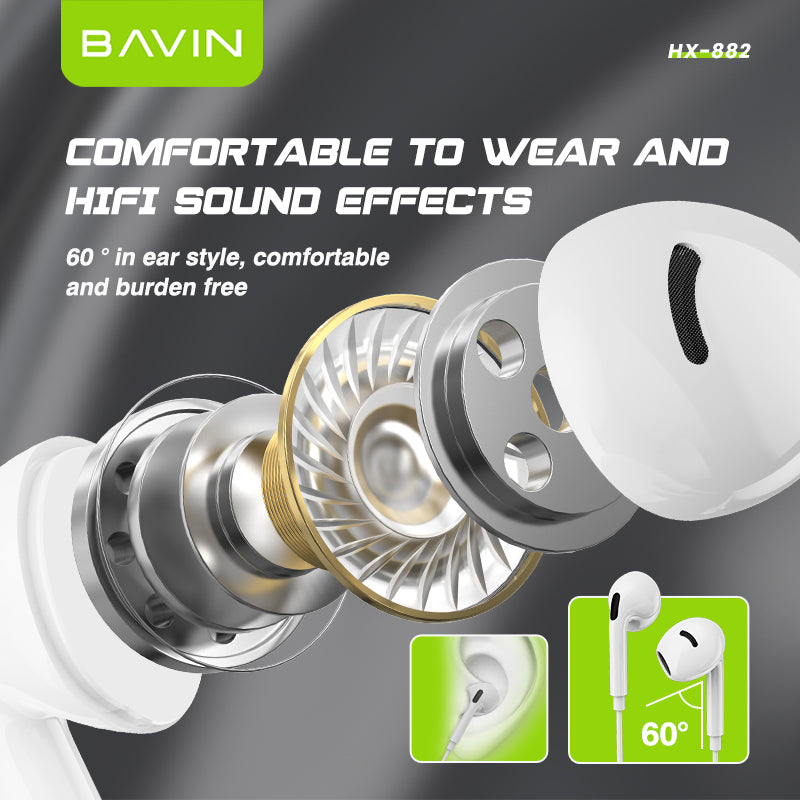 BAVIN HX882 2-in-1 Wired In-Ear Earphones w/ 3.5mm + Type-C Dual Connectors, Hi-Res Audio w/ Volume Control & Microphone