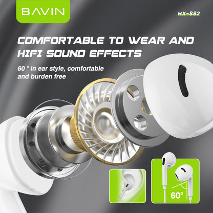 BAVIN HX882 2-in-1 Wired In-Ear Earphones w/ 3.5mm + Type-C Dual Connectors, Hi-Res Audio w/ Volume Control & Microphone
