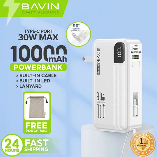 BAVIN PC018 10000mAh 30W Fast Charging Power Bank Built-in Type-C / iPhone Cable & Plug for iPhone 17 + Free Pouch]