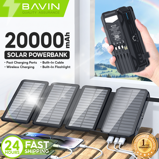 BAVIN PC1119 20000mAh Solar Charging Powerbank Built-In Cable Wireless Charging w/ Waterproof