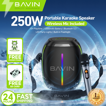 BAVIN BM58 250W Portable Party Bluetooth Karaoke Speaker 12000mAh with RGB LED Lights & Wireless Mic