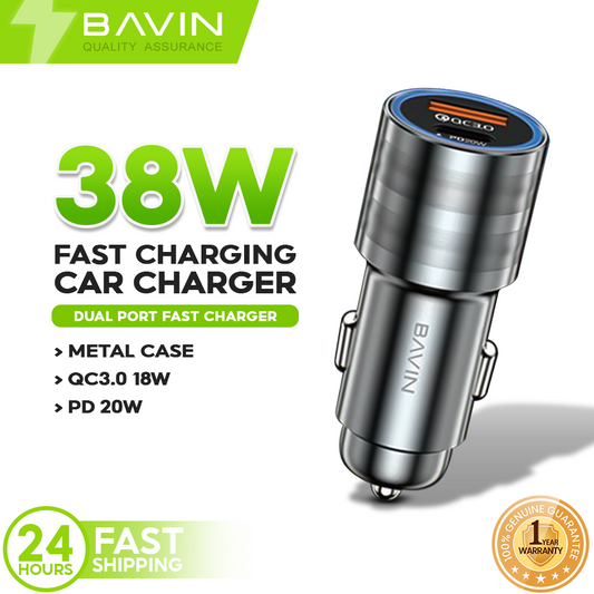 BAVIN PC888 20W Fast Charging Car Charger with USB (18W) & Type-C (20W) Ports Frosted Metal Finish