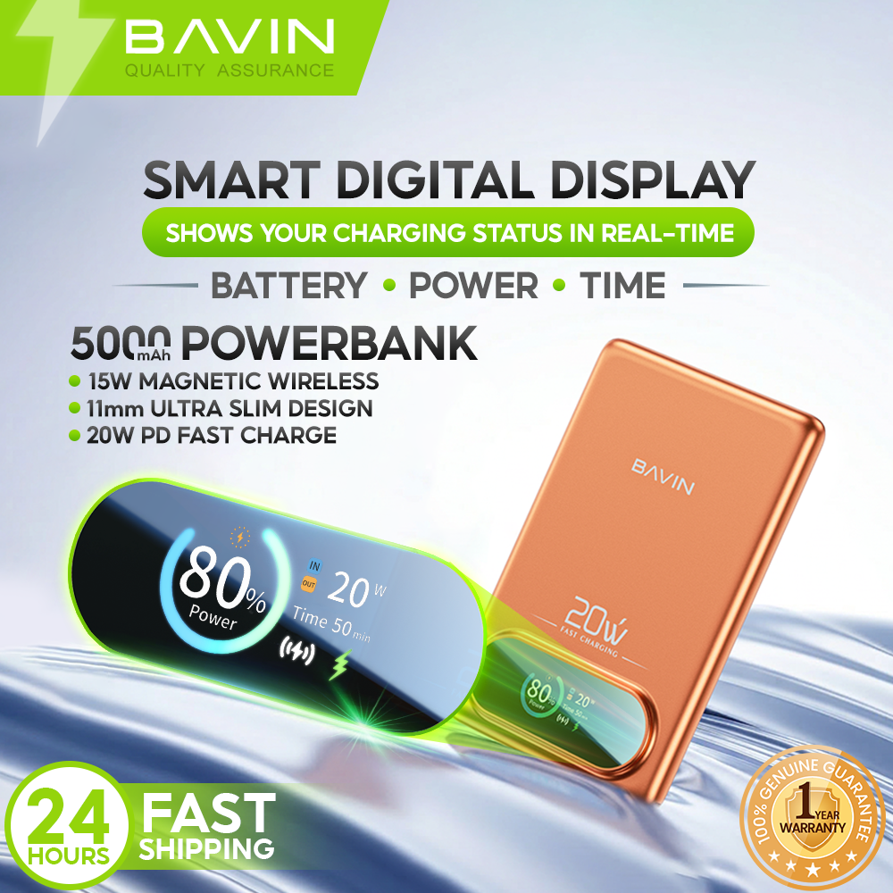 BAVIN PC1212 5000mAh 15W Fast Charging Magnetic Powerbank w/Smart TFT Display+Ultra Thin for iPhone 15-17