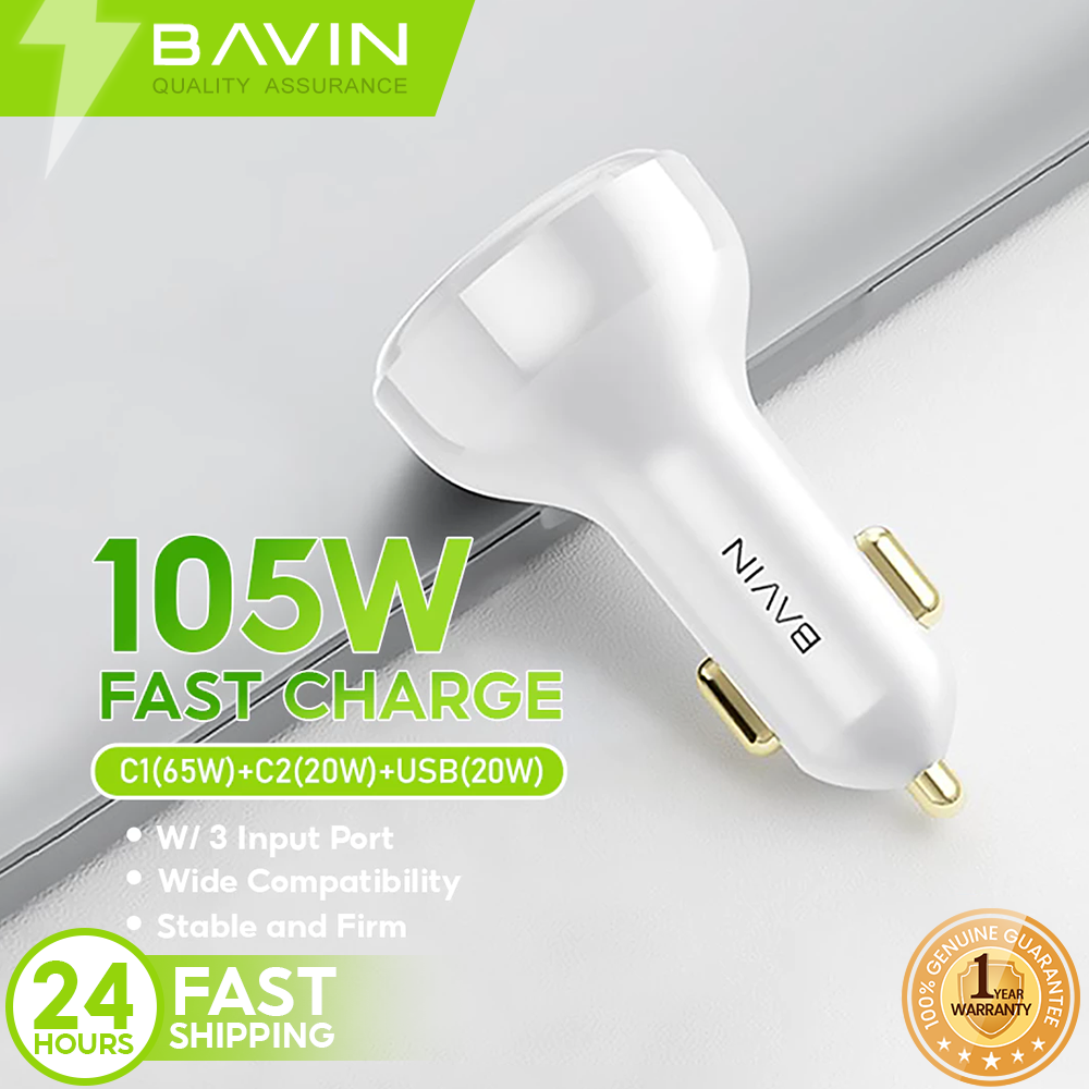BAVIN PC855 105W Fast Charging Car Charger W/ 3 Input Port Charging Dual TYPE-C and 1 USB Port
