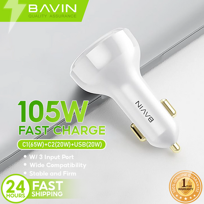 BAVIN PC855 105W Fast Charging Car Charger W/ 3 Input Port Charging Dual TYPE-C and 1 USB Port