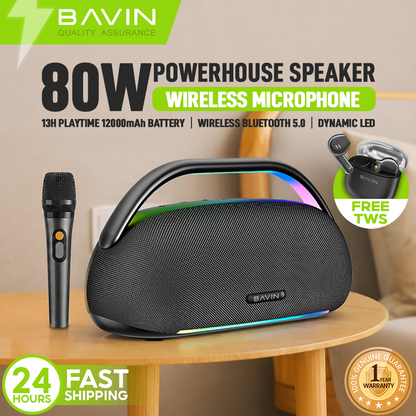 BAVIN BM52 TWS 80W Powerful Sound Party Bluetooth Speaker w/ 12000mAh Powerbank, Wireless Mic + RGB