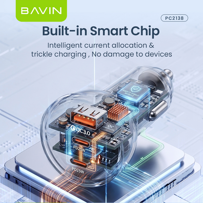 BAVIN PC2138 68W PD Fast Charging Car Charger w/ 25W 2x Type-C + 18W USB Ports QC3.0 for Phone