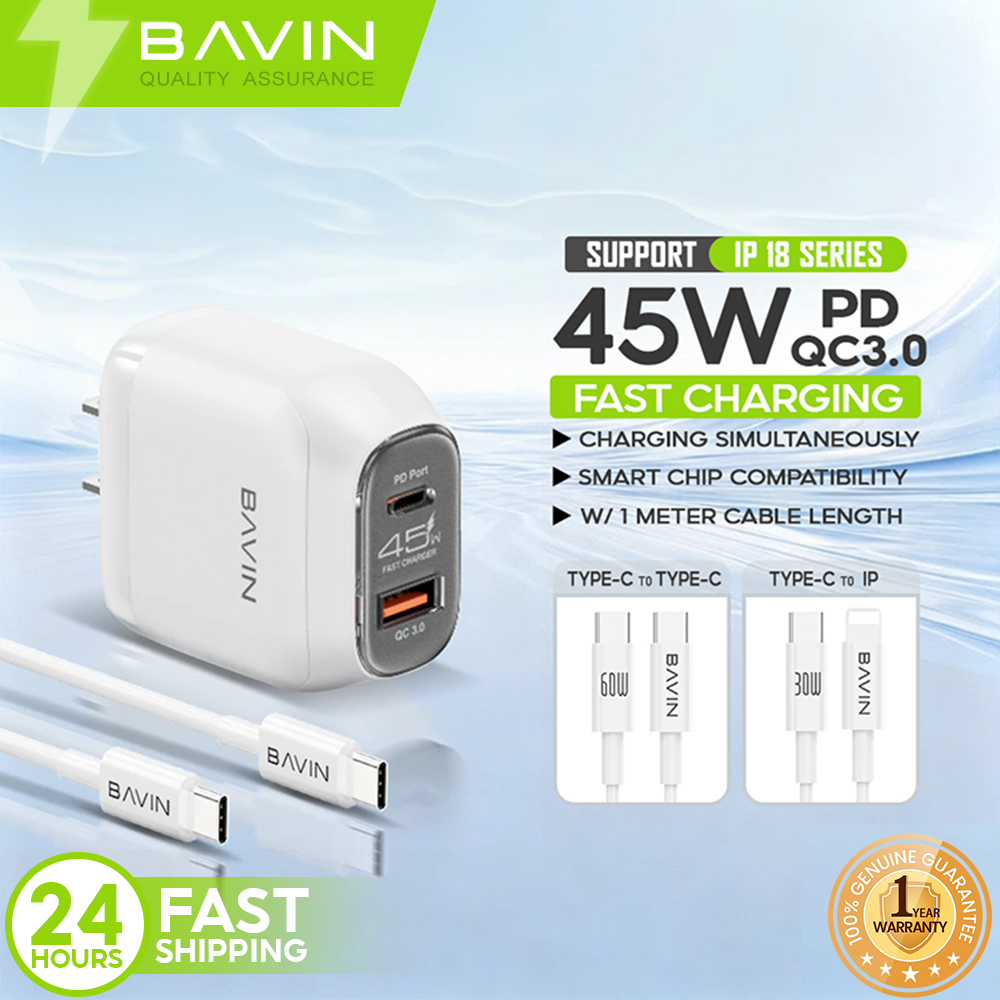 BAVIN PC2165 45W PD QC3.0 USB-C+USB Fast Charging Charger w/ 1M Cable for iPhone 18 / Android / Laptop