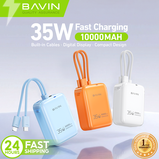 BAVIN PC1211S Portable 10000mAh 35W Fast Charging Powerbank Built-in Type-C & iPhone Cable｜LED Display