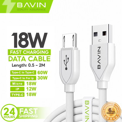 BAVIN CB071 QC3.0 Fast Charging Cable 18W/30W/60W Micro iPhone Type-C/V3 Mini USB iPhone 4S & P1000 0.5m-2m 2.4A Data Transfer