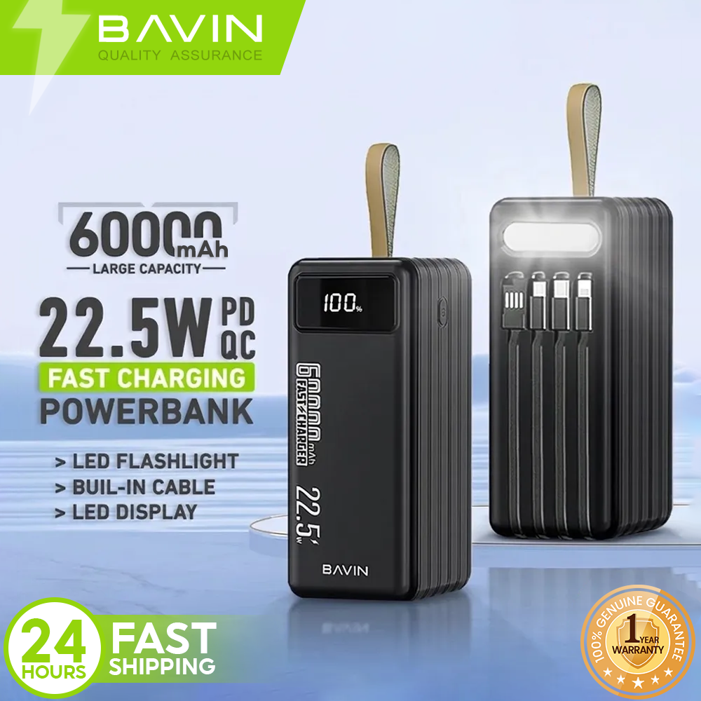BAVIN PC053S 60000mAh 22.5W Fast Charging Heavy Duty Powerbank w/Flashlight & Built-in Cable