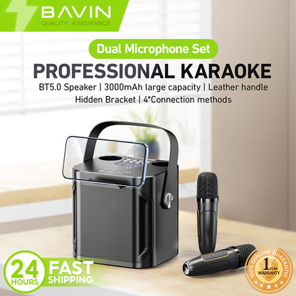 BAVIN DV-BM20 Professional Karaoke Bluetooth 5.0 Portable Speaker w/ Dual Microphones & Phone Stande