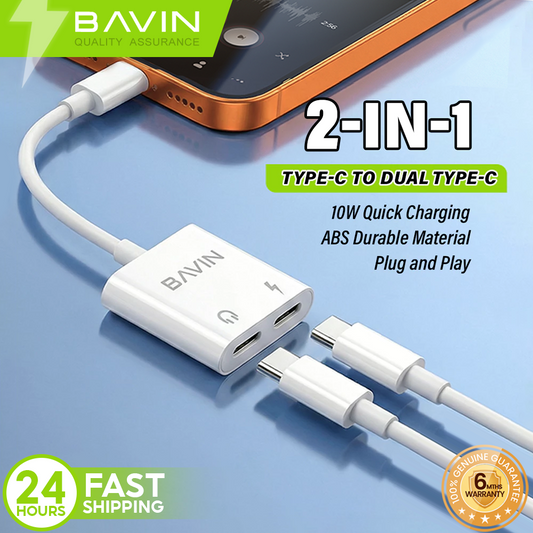 BAVIN O106 Hi-Fi Audio & Charging 2-in-1 Type-C to Dual Type-C OTG Adapter for Phones, Tablet & Laptop