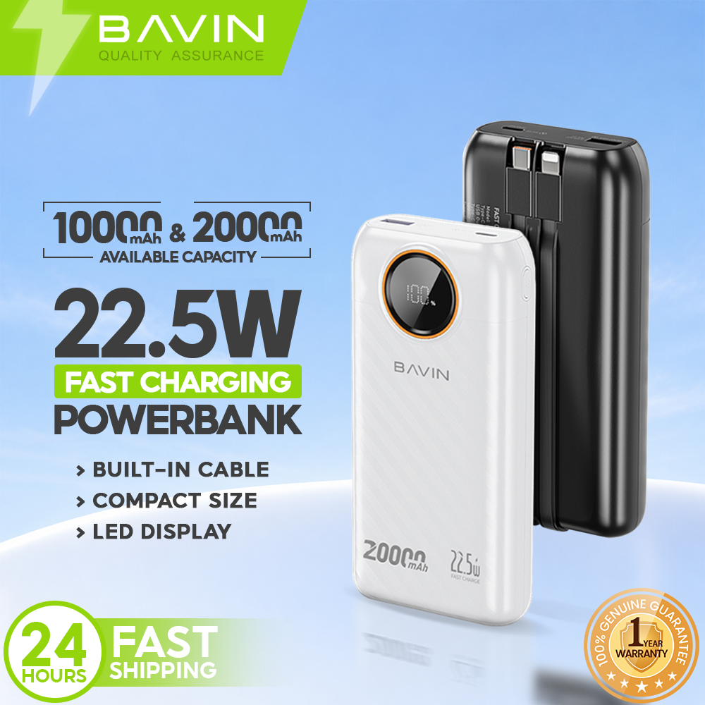 BAVIN PC1152 10000mAh / PC1153 20000mAh 22.5W Fast Charging Powerbank w/ LED Display+ Built-in Cable