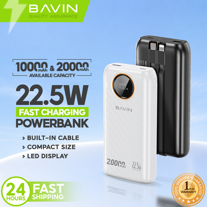 BAVIN PC1152 10000mAh / PC1153 20000mAh 22.5W Fast Charging Powerbank w/ LED Display+ Built-in Cable