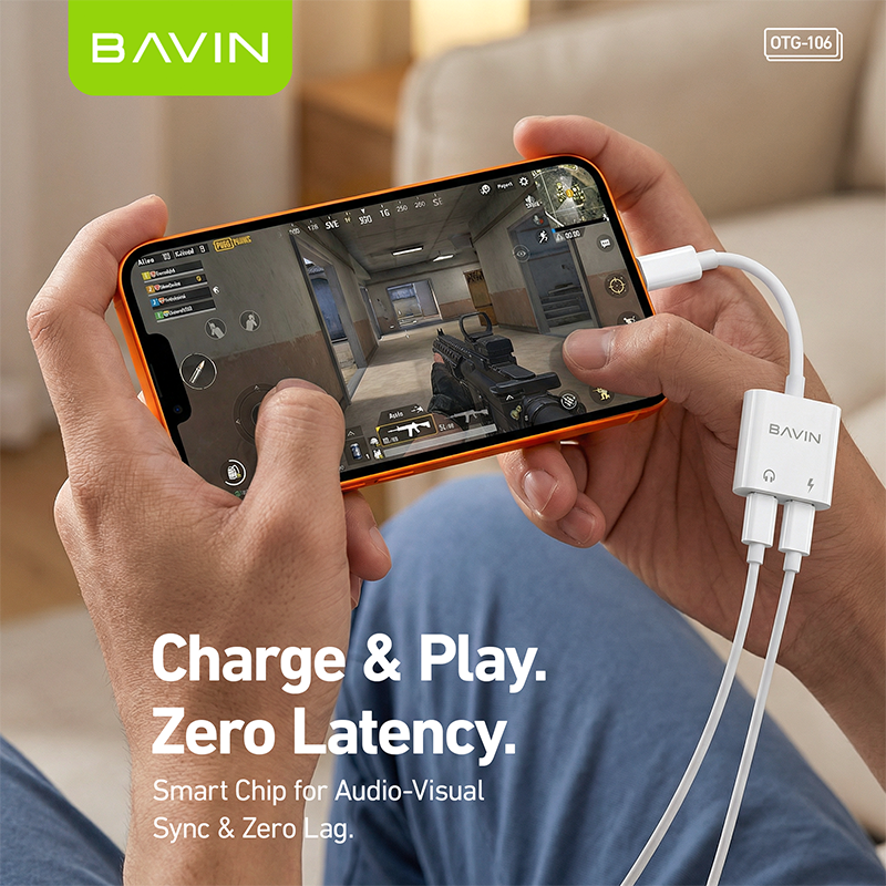 BAVIN O106 Hi-Fi Audio & Charging 2-in-1 Type-C to Dual Type-C OTG Adapter for Phones, Tablet & Laptop