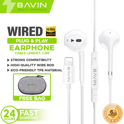 BAVIN HX860 HiFi Wired Earphone Plug & Play Stereo Audio No Bluetooth Required for iPhone 14 13 12 11 X