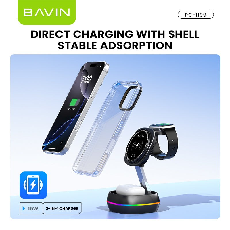 BAVIN C-W-PC1199 3in1 Magnetic Wireless Charger 15W Retractable Type-C Input & Foldable Stand for Phone Watch & Earbuds