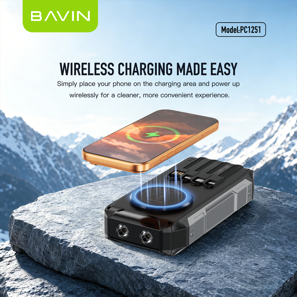 BAVIN PC1251 30000mAh Solar Power Bank PD 22.5W Fast+15W Wireless Charge w/ Cables, LED Light, 3 Output