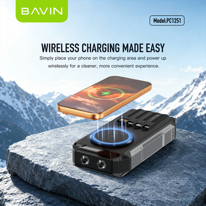BAVIN PC1251 30000mAh Solar Power Bank PD 22.5W Fast+15W Wireless Charge w/ Cables, LED Light, 3 Output
