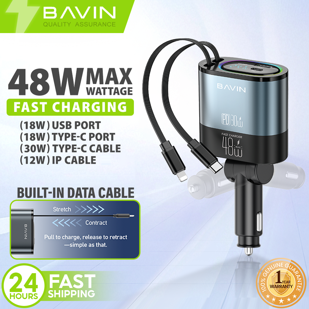 BAVIN PC2083 4-in-1 48W Fast Charging Car Charger with Retractable Cables for iPhone & Android (Supports 17 Series)