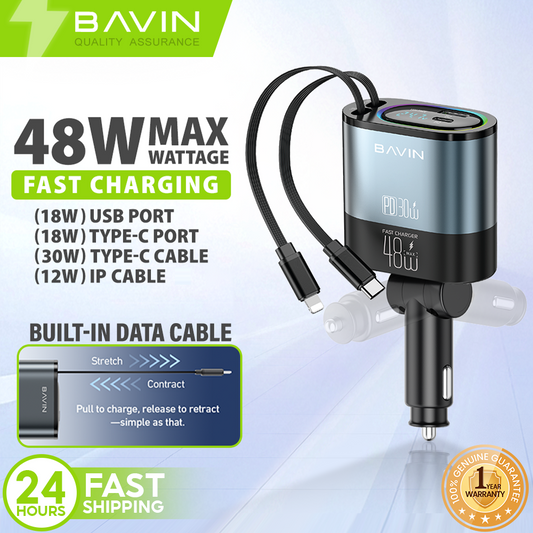 BAVIN PC2083 4-in-1 48W Fast Charging Car Charger with Retractable Cables for iPhone & Android (Supports 17 Series)