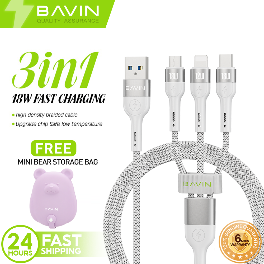 BAVIN CB236-3 3in1 Fast Charging Braided Cable 18W High Density Safe for Smartphone