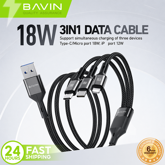BAVIN CB365 3-in-1 Fast Charging Cable Nylon Braided 3A 480Mbps Data Transfer for Type-C/Micro/iPhone
