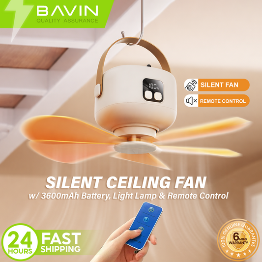 BAVIN BF018 5in1 Portable Outdoor Ultra Quiet Type-c Rechargeable Ceiling Fan w/Light, Remote Control