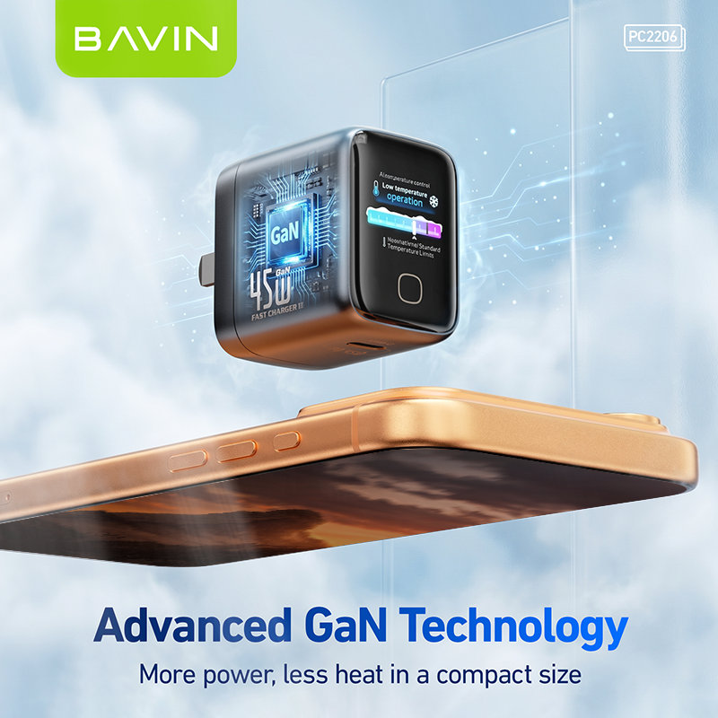 BAVIN PC2206 Mini 45W PD GaN Fast Charger Wall Adapter w/Smart Display+Foldable Plug for iPhone17/Laptop
