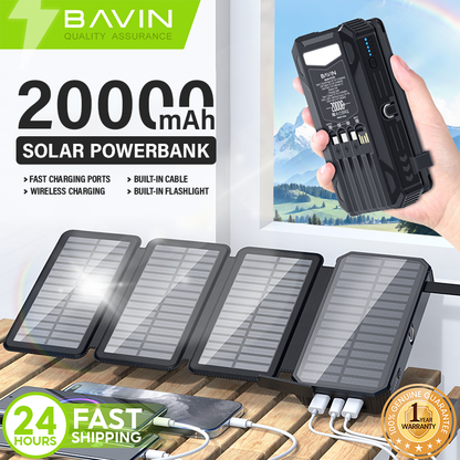 BAVIN PC1119 20000mAh Solar Charging Powerbank Built-In Cable Wireless Charging w/ Waterproof