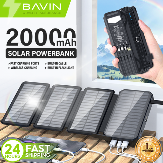 BAVIN PC1119 20000mAh Solar Charging Powerbank Built-In Cable Wireless Charging w/ Waterproof