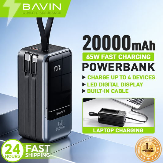 BAVIN PC1093 20000mAh 65W Fast Charging Powerbank w/ USB & Type-C Ports Input & Output Supports Laptop Charging