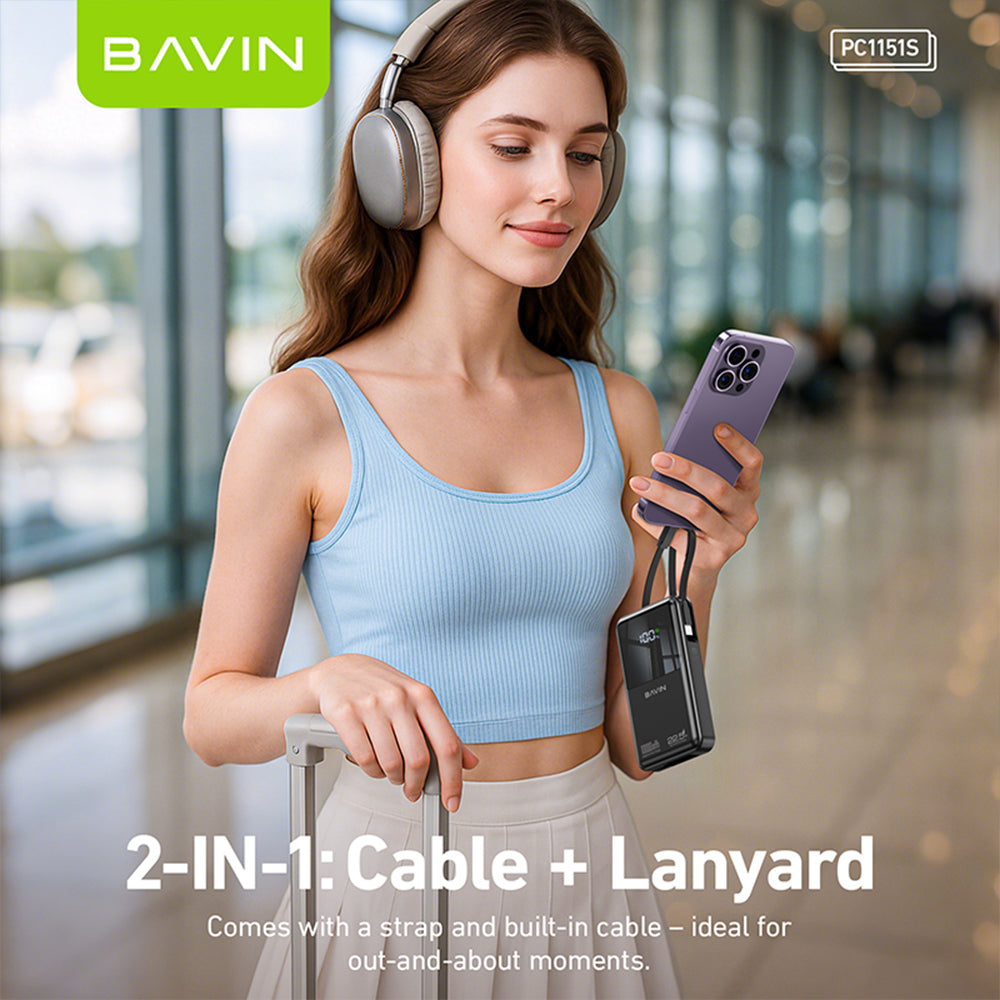 BAVIN PC1151 10000mAh Powerbank w/ 22.5W Triple Fast Charging Built-in Type-C & iPhone Cables | Smart LED Display