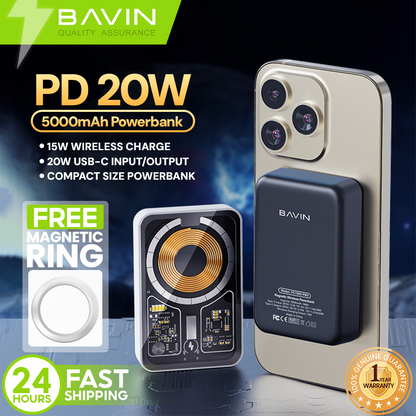 BAVIN PC1055 Pro 5000mAh 20W Wireless Power Bank Magnetic Charging Supports iPhone 16 w/ Magnetic Ring