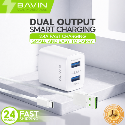 BAVIN PC910 / PC895 2.4A Quick Charging USB Port Wall Charger w/ 1 Meter Cable for Micro/Type-C/iPhone