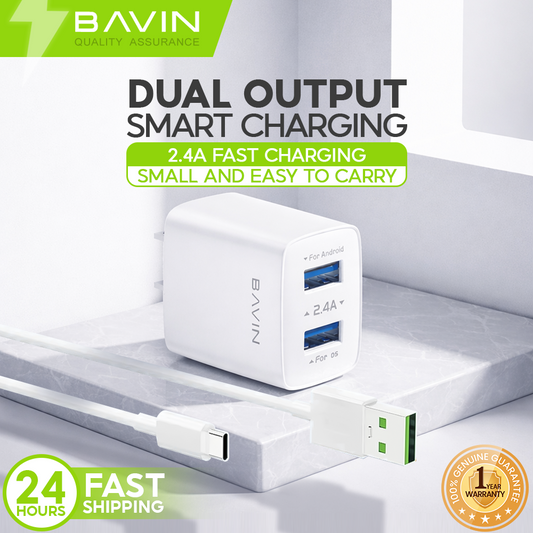 BAVIN PC910 / PC895 2.4A Quick Charging USB Port Wall Charger w/ 1 Meter Cable for Micro/Type-C/iPhone